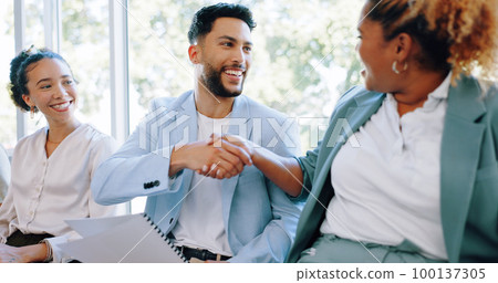 Recruitment, handshake and business people networking in job interview waiting room, happy and friendly. We are hiring, job opportunity and hand shaking by man and woman relaxing in line at startup Recruitment, handshake and business people networking in job interview waiting room, happy and friendly. We are hiring, job opportunity and hand shaking by man and woman relaxing in line at startup 100137305