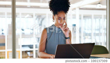 Thinking, laptop and business woman in the office doing research online for a corporate project. Technology, ideas and professional female employee from Mexico working on a report in the workplace. Thinking, laptop and business woman in the office doing research online for a corporate project. Technology, ideas and professional female employee from Mexico working on a report in the workplace. 100137309