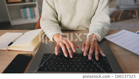 Laptop, computer and business woman hand typing, writing on notebook for planning, schedule and meeting review. Zoom, hands and strategy analytics for collaboration, research and KPI growth 100137325