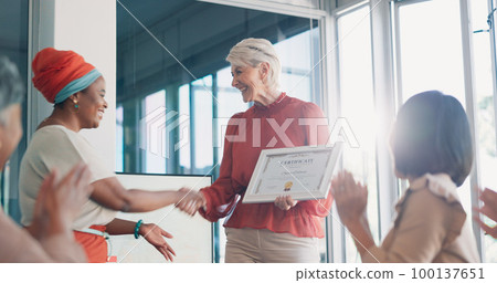 Applause, award and handshake with business woman in meeting for goal, thank you and winner. Celebration, praise and promotion with black woman and certificate for support, achievement or success Applause, award and handshake with business woman in meeting for goal, thank you and winner. Celebration, praise and promotion with black woman and certificate for support, achievement or success 100137651