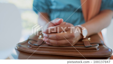 Hiring, nervous and recruitment waiting room of business people for job interview with human resources. Anxiety, company hr choice and Muslim and Asian marketing candidate for diversity job search 100137847