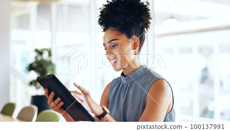 Business woman, tablet with success and leadership, technology and corporate communication with email. Networking, b2b and digital marketing with seo, black woman executive typing and online research 100137991