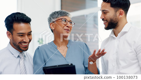 Tablet, collaboration or business people for teamwork in office building for marketing strategy, web SEO growth or research. Meeting, happy or manager on tech planning, social media or network blog 100138073