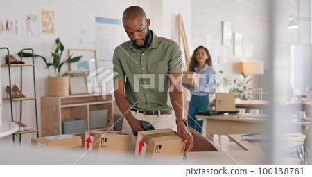 Packaging, fashion and delivery box people with online shop business for e commerce, supply chain and logistics industry. Retail, stock management and supplier with clothes cardboard boxes in office 100138781