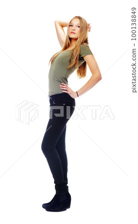 Full body, fashion and portrait of woman in studio on white background with contemporary, retro and vintage clothes. Beauty, cosmetics and young female fashion model posing with confidence in outfit 100138849