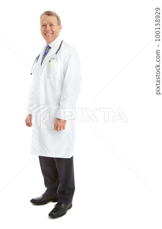 Portrait, healthcare doctor and man in studio isolated on a white background mockup. Wellness, health care and happy, confident and mature male medical professional from Canada standing in hospital. 100138929