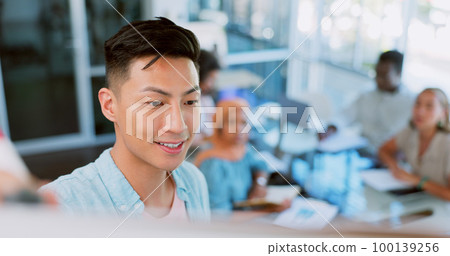 Meeting, collaboration and presentation with a business asian man in the boardroom coaching a team. Marketing, training or teamwork with a male employee talking in a learning and development workshop 100139256