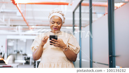 Smartphone, wow and business black woman in office with feedback, news or results on sales, profit or bonus for company. Surprise, update and corporate worker using phone or cellphone on social media 100139282