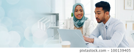 Research, diversity or business people on laptop in office for marketing strategy, web SEO growth or business meeting. Teamwork, happy or collaboration on tech planning, social media or network blog 100139405