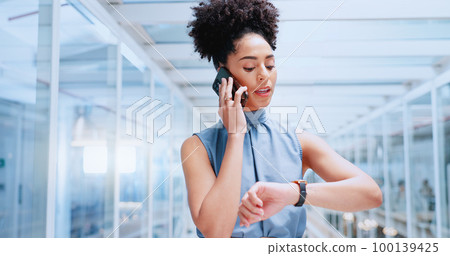 Phone call, office and black woman check time while talking, chatting or speaking. Cellphone, business watch and female worker networking, discussion or conversation with contact on mobile smartphone Phone call, office and black woman check time while talking, chatting or speaking. Cellphone, business watch and female worker networking, discussion or conversation with contact on mobile smartphone 100139425