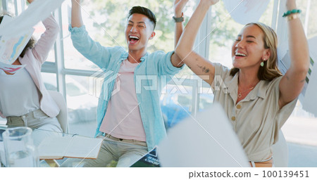 Cash, money rain and business people success, celebration and applause for bonus, stock market or winning. Winner team meeting, sales target and celebrate financial freedom, investment or revenue Cash, money rain and business people success, celebration and applause for bonus, stock market or winning. Winner team meeting, sales target and celebrate financial freedom, investment or revenue 100139451