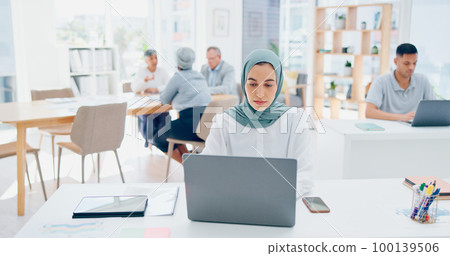 Creative muslim woman, laptop and web design in marketing, advertising or branding startup at the office. Woman employee designer with hijab working on market strategy or design on computer at work Creative muslim woman, laptop and web design in marketing, advertising or branding startup at the office. Woman employee designer with hijab working on market strategy or design on computer at work 100139506