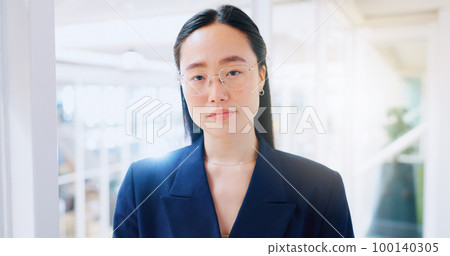 Management, leadership and face of business woman in office for marketing, innovation or vision. Professional, executive and future with portrait of asian woman in startup for mindset, career or goal 100140305