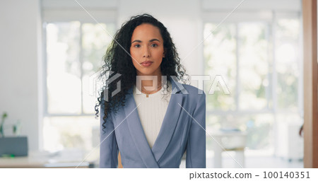 Business woman and face with stop hand for assertive and serious gesture for rejection at workplace. Corporate black woman in office portrait with palm zoom for warning, discrimination or harassment 100140351