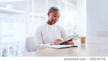 Black woman, business tablet and company employee on office tech typing a work email. Black woman, marketing worker and digital social media scroll of a person working and reading internet data 100140738