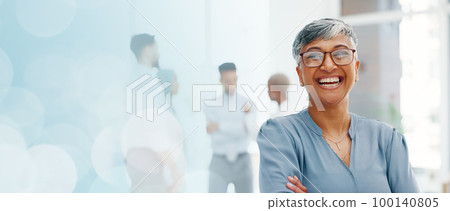 Face of a senior business woman proud and happy with company values, mission and inclusion culture in office. Workplace, corporate and smile of manager, employee or worker vision, goals and laughing 100140805
