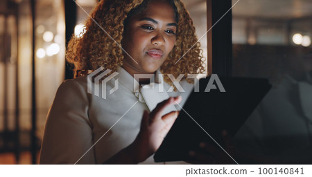 Black woman with tablet for research, business and project management, planning and reading email at office. Digital report, networking and strategy with data analysis and scroll internet for ideas. 100140841