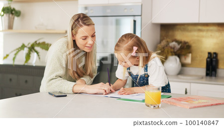 Education, mother and girl writing in kitchen for school task, assignment or homework. Help, learning and mom with child teaching, explaining or helping kid in home in the morning with books on table 100140847