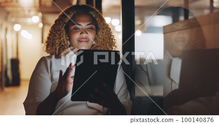 Black woman with tablet for research, business and project management, planning and reading email at office. Digital report, networking and strategy with data analysis and scroll internet for ideas. Black woman with tablet for research, business and project management, planning and reading email at office. Digital report, networking and strategy with data analysis and scroll internet for ideas. 100140876