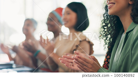 Success, business meeting and team clapping hands for an achievement, celebration or congratulations. Applause, good news and group of corporate employees celebrating successful teamwork in workplace 100140892