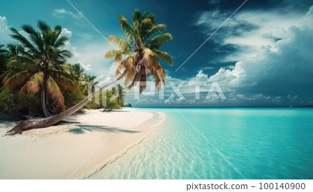 Beautiful tropical beach with white sand, palm trees  100140900