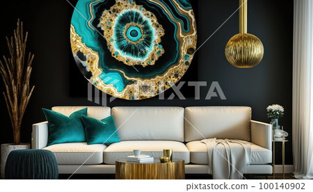 interior with a picture on the wall depicting a cut of green semi-precious stone interior with a picture on the wall depicting a cut of green semi-precious stone 100140902