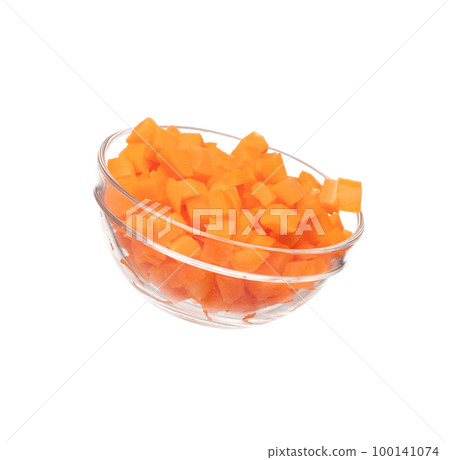 Carrot fresh fly float in glass bowl in Air turn to dice cube shape. Beta Carotene orange color in Carrot is good health. Many Dice cube carrot flying throw up in Air. White background isolated Carrot fresh fly float in glass bowl in Air turn to dice cube shape. Beta Carotene orange color in Carrot is good health. Many Dice cube carrot flying throw up in Air. White background isolated 100141074