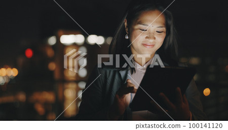 Night balcony, tablet or city woman typing social network feedback, customer experience or e commerce. Brand monitoring data, website research or Asian media worker analysis of online survey review 100141120