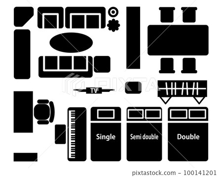 A set of bird's-eye view icons of furniture, beds, and electronic pianos_black solid A set of bird's-eye view icons of furniture, beds, and electronic pianos_black solid 100141201