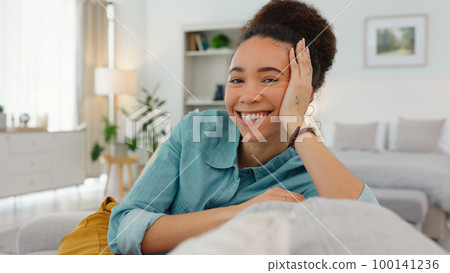 Woman, sofa and face with smile, thinking and happy idea in home, living room or apartment. Black woman, couch and relax in lounge, house and daydream with vision, goal or happiness in Los Angeles Woman, sofa and face with smile, thinking and happy idea in home, living room or apartment. Black woman, couch and relax in lounge, house and daydream with vision, goal or happiness in Los Angeles 100141236