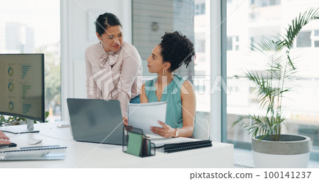 Business women, laptop or documents help for company kpi analytics, target audience research or digital marketing branding. Smile, happy and talking creative designer, coworking office mentor or tech Business women, laptop or documents help for company kpi analytics, target audience research or digital marketing branding. Smile, happy and talking creative designer, coworking office mentor or tech 100141237