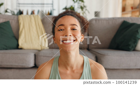 Happy, meditation breathing and face of a woman with peace, relax and zen smile in a house for balance. Wellness, mind and portrait of a girl with spiritual faith and calm during mindset exercise 100141239