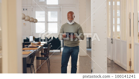 Tablet, realtor or real estate agent networking as a senior manager on digital website or selling property. Research, leadership or senior black man with kpi goals or growth mindset walking in hall Tablet, realtor or real estate agent networking as a senior manager on digital website or selling property. Research, leadership or senior black man with kpi goals or growth mindset walking in hall 100141241
