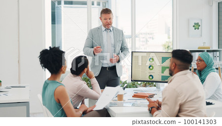 Presentation, meeting and business people planning project with a leader in office boardroom. Leadership, conversation and senior corporate manager presenting statistics, data or information to team. Presentation, meeting and business people planning project with a leader in office boardroom. Leadership, conversation and senior corporate manager presenting statistics, data or information to team. 100141303