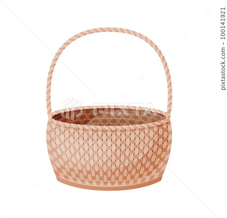 Wicker basket decorative hand wicker empty cartoon. Picnic bag food hamper outdoor holiday Easter attribute decoration cozy eco friendly food shopping storage festive wood bamboo willow flat isolated 100141921
