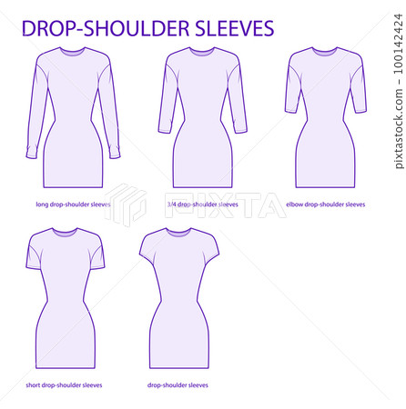 Set of Drop-shoulder sleeves clothes - long, short, 3-4, elbow length technical fashion illustration with fitted body 100142424