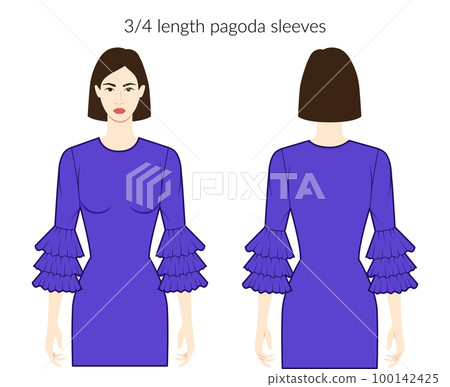 Pagoda sleeves clothes character beautiful lady in blue top, shirt, dress technical fashion illustration, 3-4 bracelet Pagoda sleeves clothes character beautiful lady in blue top, shirt, dress technical fashion illustration, 3-4 bracelet 100142425