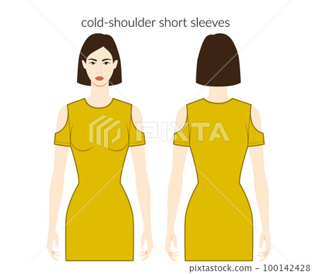 Cold-shoulder sleeves short length clothes character beautiful lady in emerald top, shirt, dress technical fashion 100142428