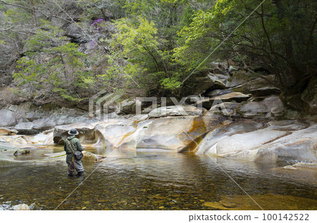 man fly fishing in nature 100142522