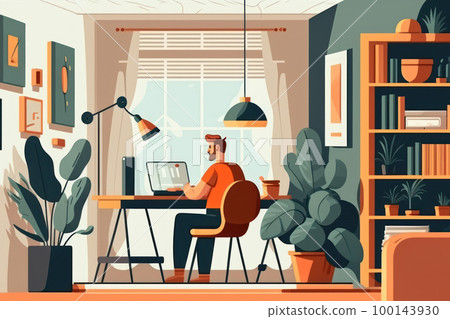 Man working from home or co working space. Freedom life lifestyle concept. Flat design. 100143930