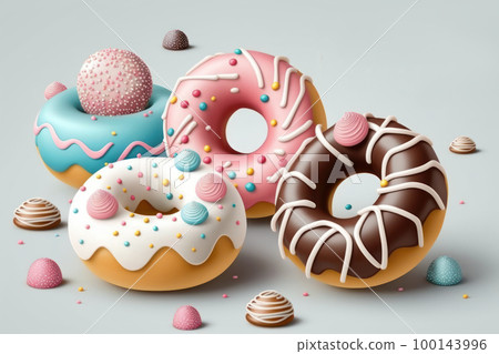 Cute sweet objects 3d illustration cartoon donuts on color background. Doughnuts day. Cute sweet objects 3d illustration cartoon donuts on color background. Doughnuts day. 100143996