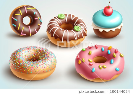 Cute sweet objects 3d illustration cartoon donuts on color  background. Doughnuts day. 100144034