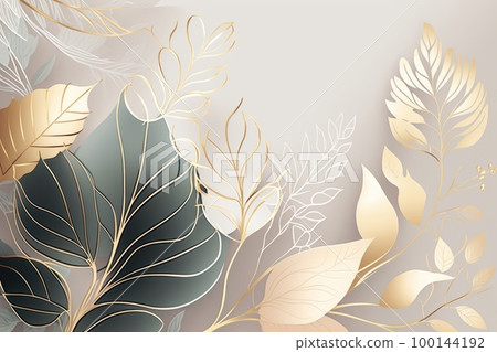 Minimal luxury style wallpaper with golden line art flower and botanical leaves background. 100144192