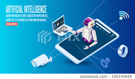 AI Learning and Artificial Intelligence Concept with AI Robot connected to Smart home technology has its applications in household appliances, home safety & security, lighting, and entertainment. 100144689