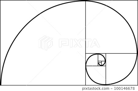 Golden Ratio spiral. Mathematical formula to guide designers for harmony composition. Abstract illustration with golden ratio on white background. Geometric shapes symbol. flat style. Golden Ratio spiral. Mathematical formula to guide designers for harmony composition. Abstract illustration with golden ratio on white background. Geometric shapes symbol. flat style. 100146678