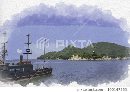 水彩風格的仙翠島，廣島縣福山市鞆之浦 100147263