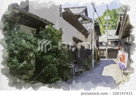 廣島縣福山市鞆之浦市的水彩風格鞆之浦街景 100147431