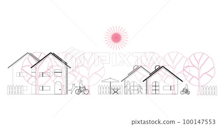 櫻花盛開的節能住宅街景（粉色+白色） 100147553