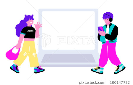 一個拿著筆記本電腦的年輕人的插圖 一個拿著筆記本電腦的年輕人的插圖 100147722