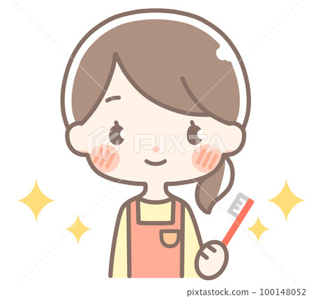 圍裙的一個婦女有牙刷的 100148052
